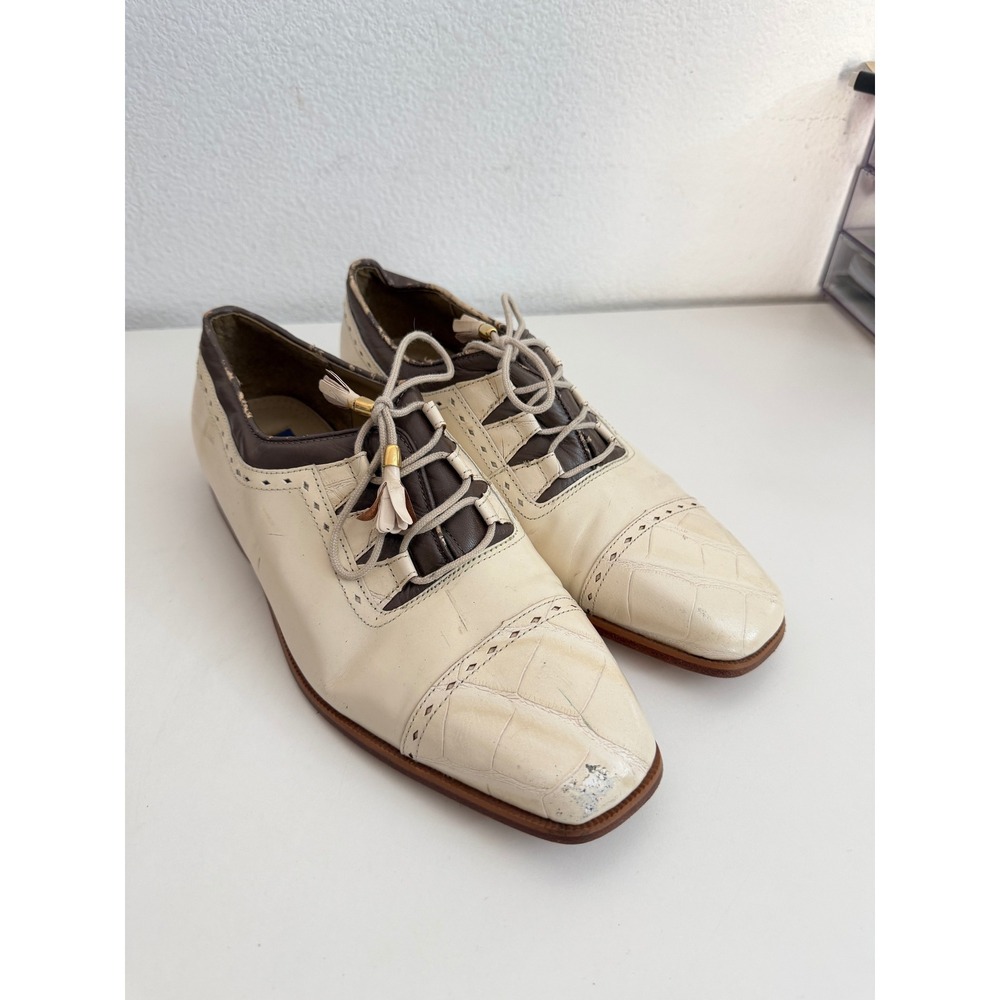 Giorgio Brutini Mens 9M Cream Brown Leather Tassel Oxford Shoes Sq Toe Vintage